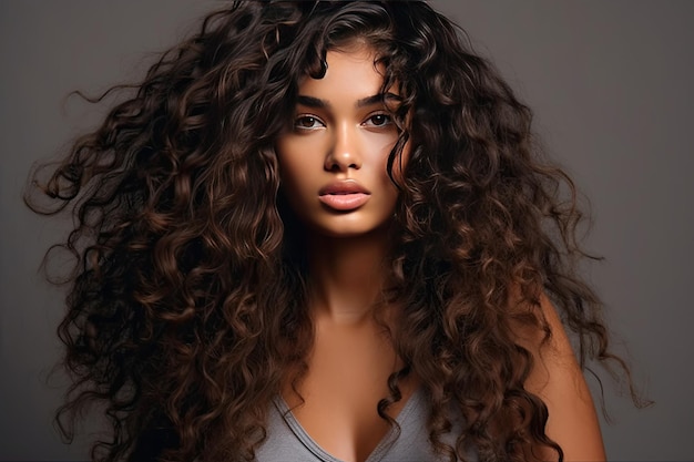 Photo un portrait d'une femme aux longs cheveux bouclés