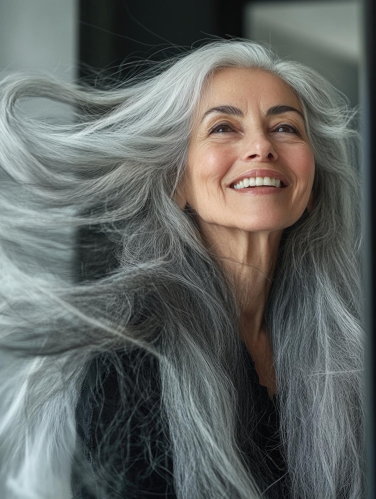 Photo un portrait d'une femme aux longs cheveux gris et un sourire chaleureux