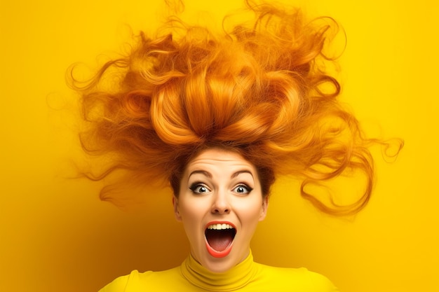 Portrait d'une femme aux longs cheveux hirsutes sur fond orange