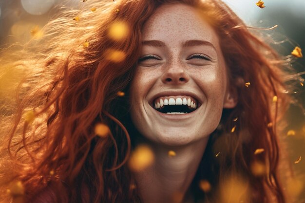 Photo portrait de femme aux taches de rousseur joie rouge heureux cheveux jeunes visage beauté sourire ia générative