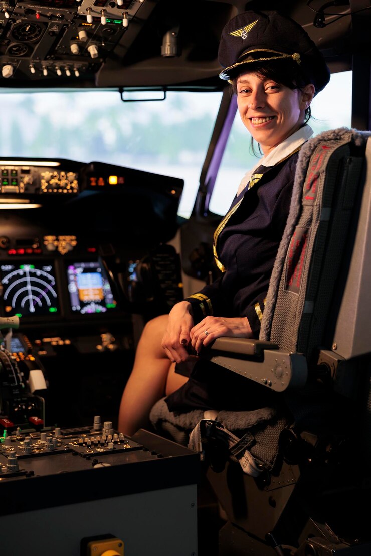 Photo portrait d'une femme aviatrice assise dans la cabine du capitaine pour voler en avion, service aérien international pour voyager. femme en uniforme prête à démarrer le moteur et à appuyer sur le panneau de commande du tableau de bord.