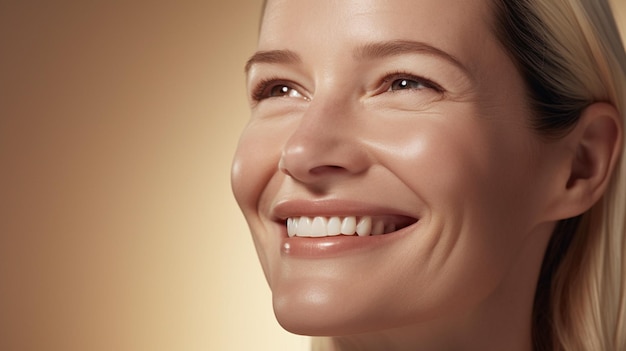 Un portrait de femme blanche souriante sur fond beige concept de soins de la peau image AI générative