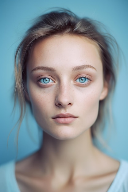 portrait de femme blonde aux taches de rousseur et aux yeux bleus
