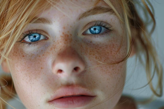 Portrait de femme blonde aux taches de rousseur en gros plan. Fille aux yeux bleus, peau parfaite.