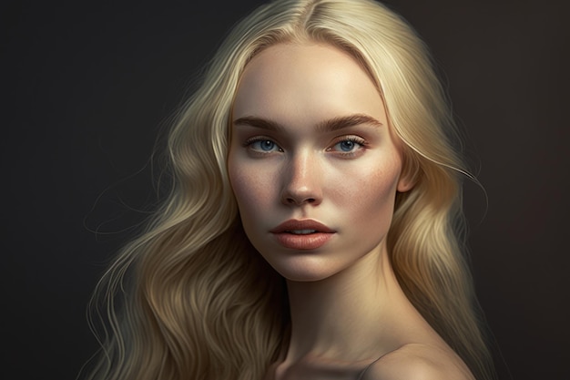 Portrait d'une femme blonde aux yeux bleus et à la peau pâle.