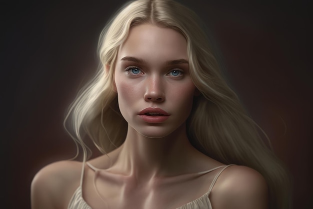 Un portrait d'une femme blonde aux yeux bleus et une robe blanche.