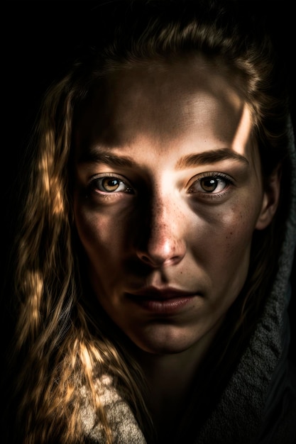 Portrait d'une femme blonde aux yeux brillants et à la peau lumineuse en session studio