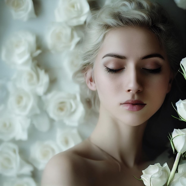 Portrait de femme blonde aux yeux fermés et fleurs en arrière-plan rendu 3d