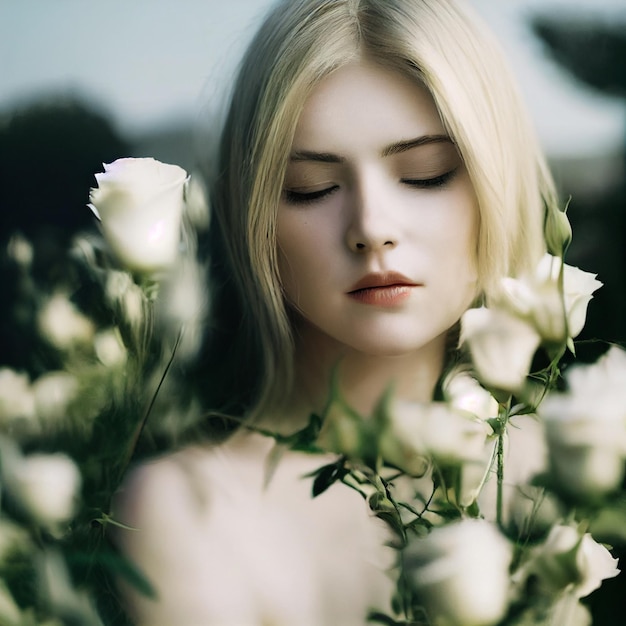 Portrait de femme blonde aux yeux fermés et fleurs en arrière-plan rendu 3d