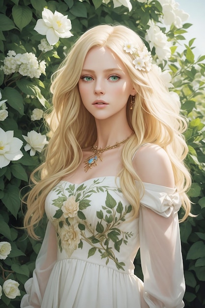 Portrait de femme blonde belle fille blonde aux longs cheveux blancs ondulés