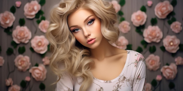 Portrait d'une femme blonde en combinaison beige et fleurs dans les cheveux