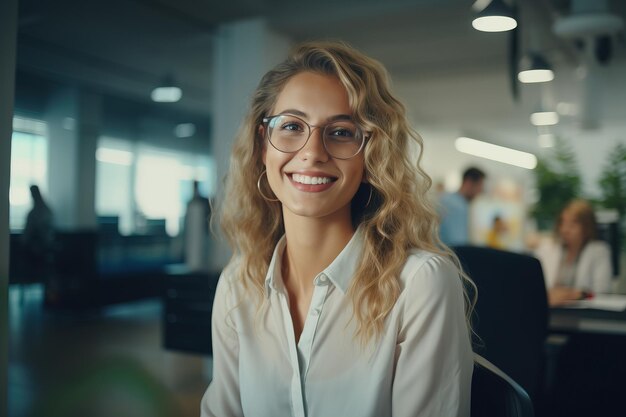 Portrait d'une femme blonde gestionnaire avec des lunettes un employé de bureau chemise blanche souriant à la recherche