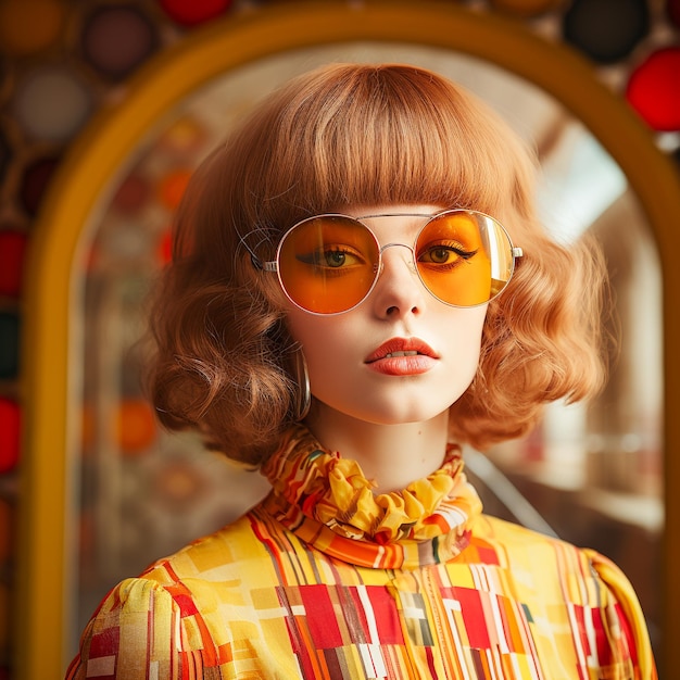 Portrait d'une femme blonde heureuse à lunettes de soleil psychédélique colorée générative d'IA des années 1970