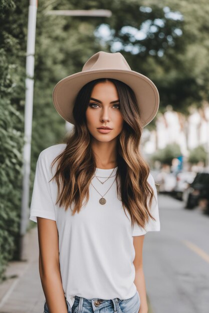 portrait de femme blonde portant un t-shirt blanc boho modèle de chemise blanche dans la rue