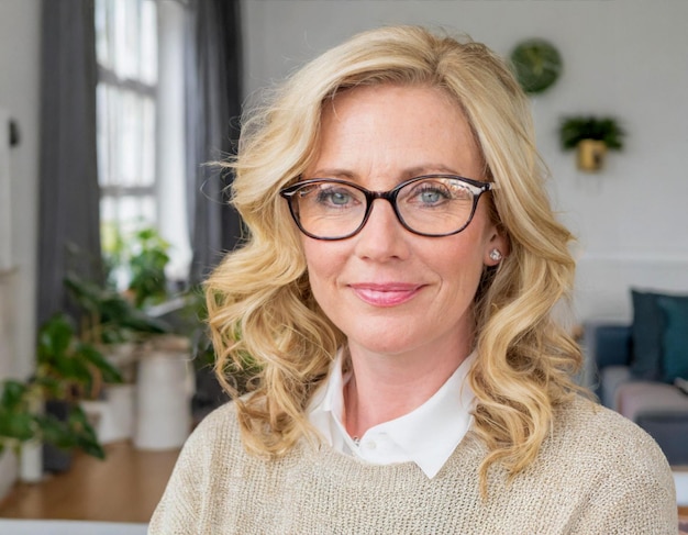 portrait d'une femme blonde de quarante ans portant des lunettes dans sa maison