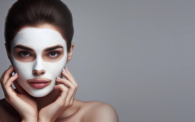 Portrait d'une femme brune portant un masque facial blanc sur un fond gris Concept de soins de la peau b