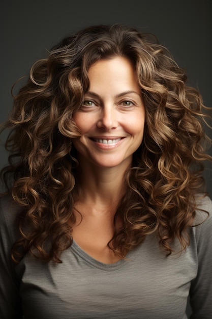 Portrait d'une femme brune souriante aux cheveux bouclés