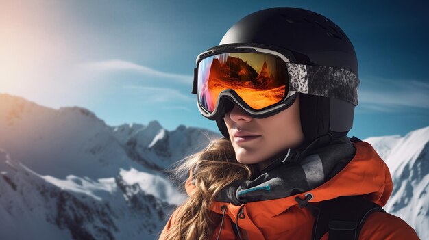 Portrait d'une femme avec un casque de snowboard et des lunettes de protection dans les montagnes d'hiver