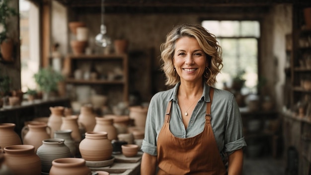 Portrait d'une femme caucasienne d'âge moyen propriétaire d'une petite entreprise souriant à la caméra