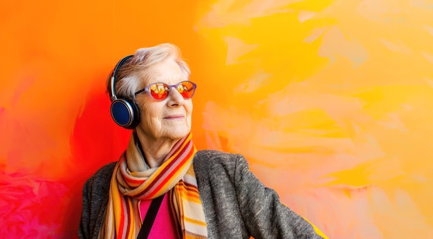 Photo portrait d'une femme caucasienne âgée moderne écoutant de la musique ou du podcast avec des lunettes de soleil et des écouteurs