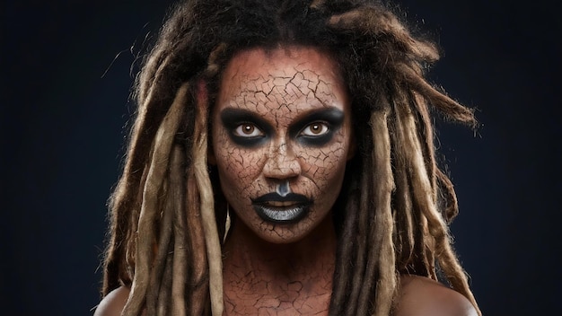 Photo portrait d'une femme chamane africaine effrayante avec une peau fissurée pétrifiée et des dreadlocks sur un ba sombre