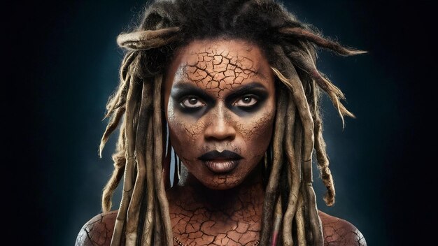 Photo portrait d'une femme chamane africaine effrayante avec une peau fissurée pétrifiée et des dreadlocks sur un ba sombre