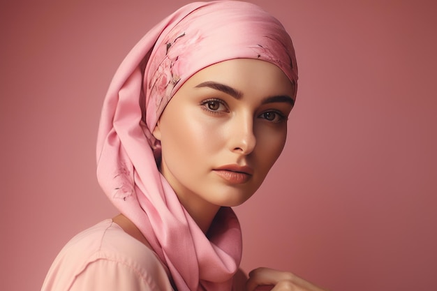 Portrait d'une femme chauve d'âge moyen portant un foulard rose Generative AI