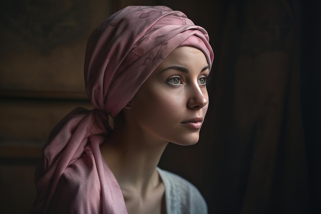 Portrait d'une femme chauve d'âge moyen portant un foulard rose Generative AI