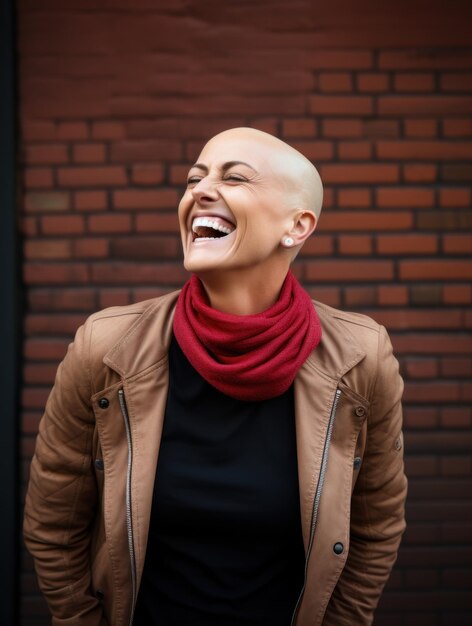 Portrait d'une femme chauve souriante et joyeuse devant un mur