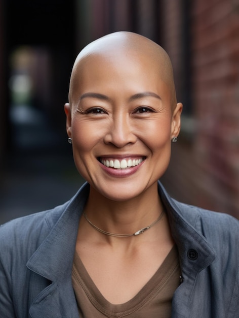 Portrait d'une femme chauve souriante et joyeuse devant un mur