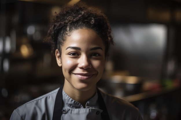 Portrait d'une femme chef afro-américaine travaillant dans une cuisine professionnelle générative ai