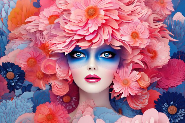 Portrait de femme comme un oiseau coloré plumes super lumineuses portrait de mode d'une fille avec des plumes et des fleurs look expressif pastel fuzz pêche rose bleu joyeux jour de la femme 8 mars