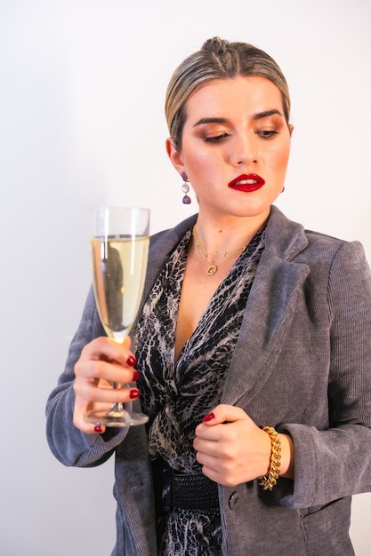 Portrait d'une femme confiante avec un verre de champagne