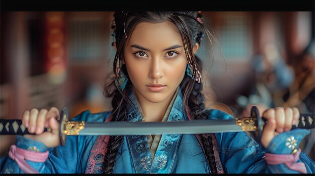 Photo portrait d'une femme avec un costume chinois de guerrier ninja