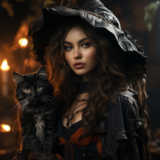 Portrait d'une femme en costume de sorcière avec son chat noir