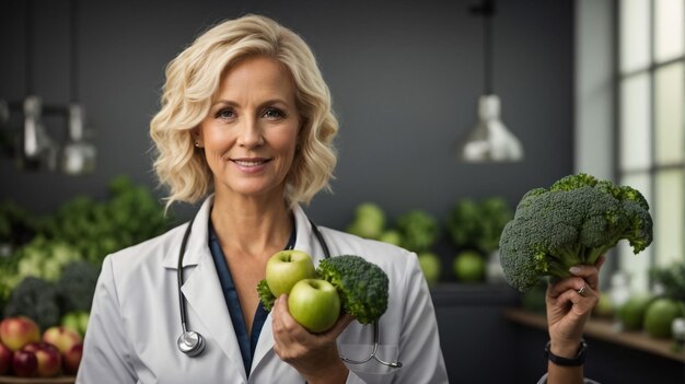 Portrait d'une femme en costume tenant des légumes et des fruits frais dans la section biologique du supermarché