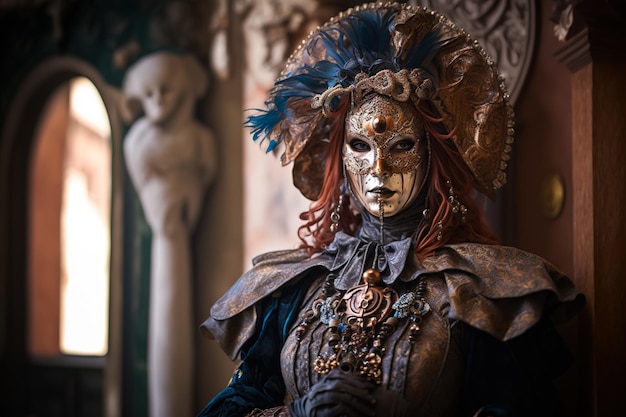 Portrait d'une femme en costume traditionnel de carnaval vénitien avec un masque et des ornements ai générative