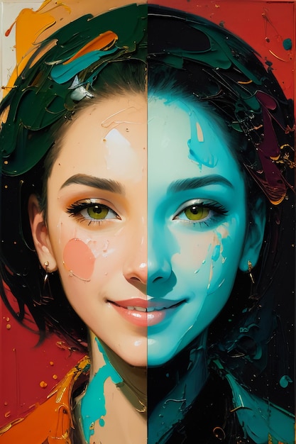 Un portrait d'une femme avec des couleurs différentes dessus
