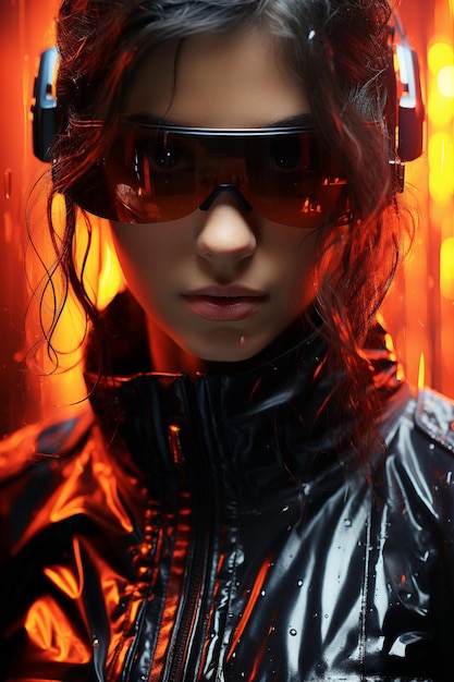 Portrait de femme cyberpunk dans le style néon futuriste