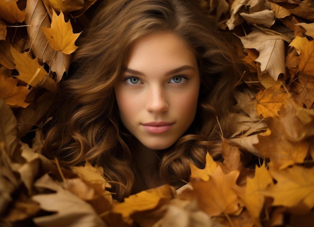 Portrait de femme dans les feuilles d'automne