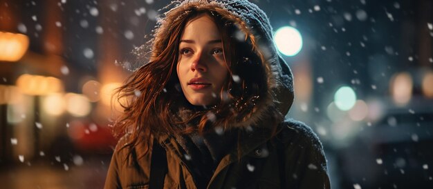 Portrait d'une femme dans la rue la nuit avec des chutes de neige sur un fond flou, image générée par l'IA