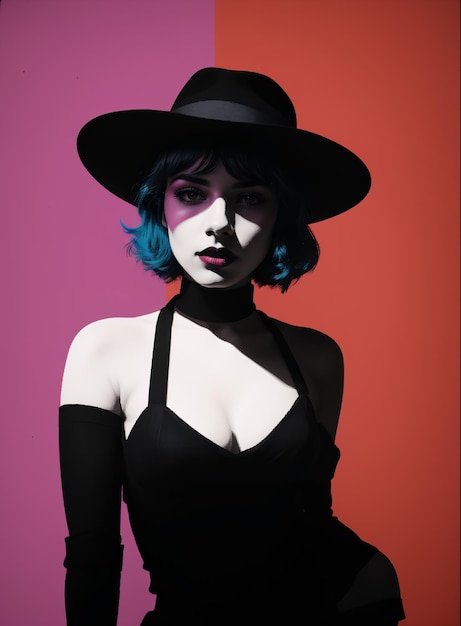 Portrait de femme dans le style art déco avec un chapeau noir et une robe noire