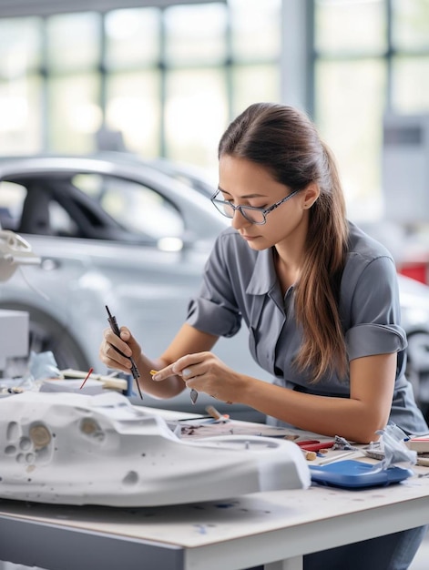 portrait d'une femme designer automobile sculptant un modèle d'argile d'une nouvelle voiture de production jeune