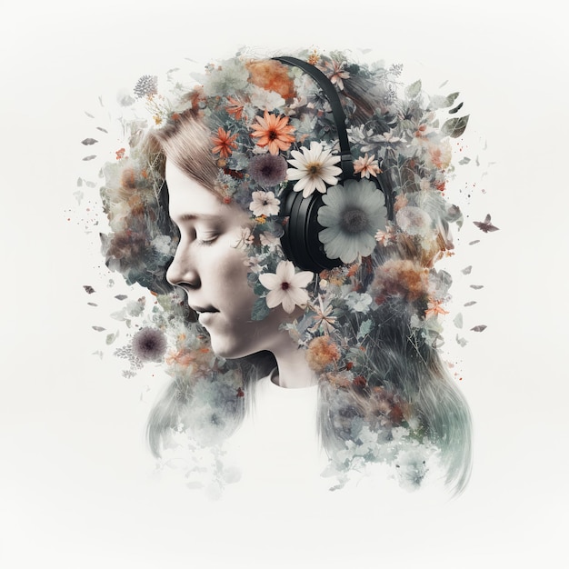 Portrait de femme à double exposition calme dans un casque avec des fleurs en fleurs