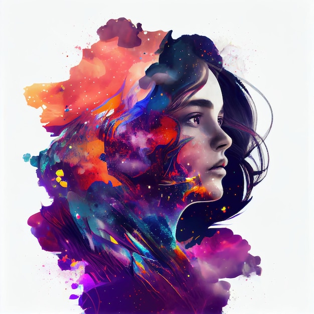Portrait d'une femme double exposition avec une éclaboussure de peinture numérique colorée ou une nébuleuse de l'espace