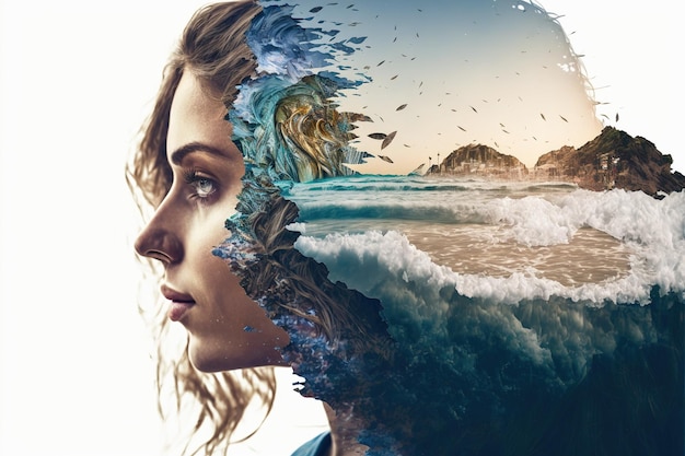 Portrait de femme à double exposition avec la vague de l'océan pour un esprit calme