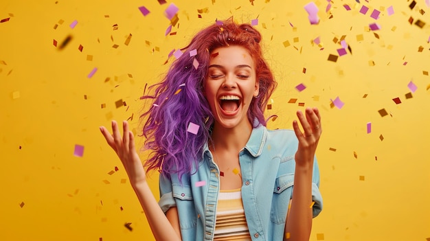 portrait d'une femme drôle souriante confetti sur fond jaune célébration et fête s'amuser