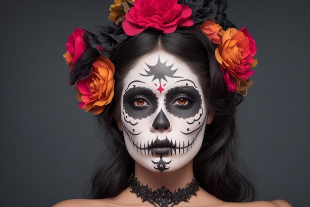 Portrait d'une femme avec du maquillage de crâne de sucre sur un costume d'Halloween sur fond sombre