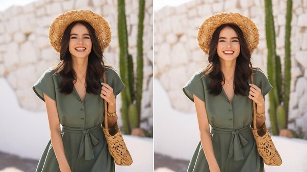 Photo portrait d'une femme élégante, heureuse, mignonne et souriante dans une élégante robe verte d'été, tenant un sac et portant une paille.