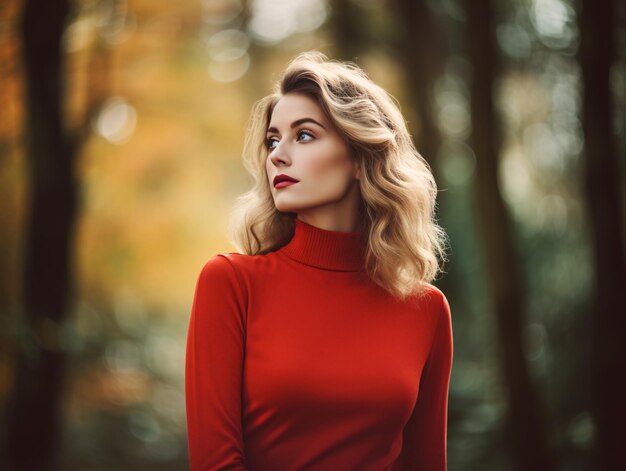 Portrait d'une femme élégante en pull rouge posant sur le fond d'une forêt d'automne Élégance d'autumn Femme fas